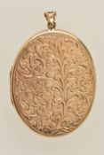 A LARGE 9CT GOLD OVAL LOCKET, scrolling acanthus pattern, fitted with a tapered open work bail,