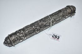 A WHITE METAL TIBETAN SCROLL HOLDER, unmarked, seven repeating patterned bands to the body to
