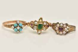 THREE GEM SET RINGS, the first a 9ct gold turquoise and seed pearl ring, hallmarked 9ct London, ring