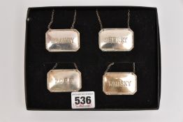 A SET OF FOUR SILVER DECANTER LABELS, for 'Port, Brandy, Sherry and Whisky', each with a full silver