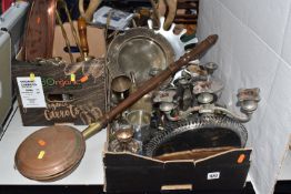 TWO BOXES AND LOOSE METAL WARE, to include an oval twin handled copper tray, width 60.5cm x depth