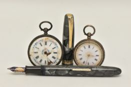 TWO WHITE METAL POCKET WATCHES AND A FOUNTAIN PEN, two open face ladies pocket watches, stamped with