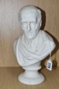 A NINETEENTH CENTURY PARIAN BUST OF THE DUKE OF WELLINGTON, on a socle base, unmarked, height