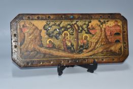 A RECTANGULAR ICON with cut corners depicting the Virgin Mary and Jesus beneath a tree with an