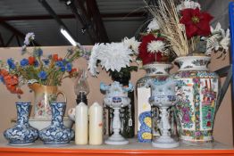 A GROUP OF LARGE CERAMICS AND GLASS, to include two oriental vases, with painted panels of scenes of
