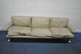 A MID-CENTURY PIEFF MANDARIN CREAM LEATHER THREE SEATER SOFA, on a chrome frame, length 235cm x