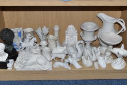 A GROUP OF CERAMICS, ETC, to include a continental blanc de chine figure of a huntsman on his