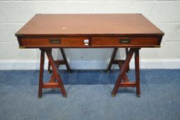 A REPRODUCTION MAHOGANY CAMPAIGN STYLE DESK, with brass banding and handles, two frieze drawers,