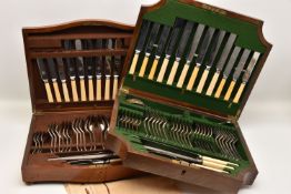 TWO WOODEN CANTEENS OF CUTLERY, to include a complete set of EPNS cutlery, knives and carving