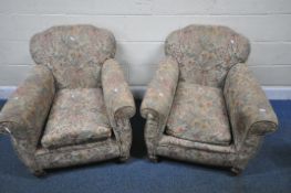 A PAIR OF LATE 19TH / EARLY 20TH CENTURY ARMCHAIRS, with floral pattern fabric, on bun front feet