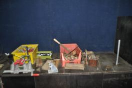 TWO TRAYS CONTAINING ENGINEERING TOOLS including a Chesterman height gauge, a marking stand, various