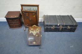 A SELECTION OF OCCASIONAL FURNITURE, to include a travelling trunk, two fire screens, a coal scuttle