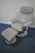 A MODERN GREY SWIVEL RECLINING CHAIR, and a matching footstool, condition report: appears dirty