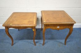 FRANK HUDSON, TWO SQUARE WALNUT TABLE, one with a single drawer on cabriole legs, both 55cm