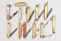 AN ASSORTMENT OF MINIATURE POCKET KNIVES, twelve in total, some with additional tools attached (