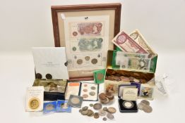 A LARGE AND HEAVY CARDBOARD BOX CONTAINING COINS AND BANKNOTES, to include a glazed display of