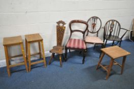 A SELECTION OF CHAIRS, to include a carved oak spinning chair, Edwardian mahogany oval back chair,