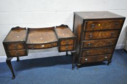 A WALNUT TWO PIECE BEDROOM SUITE, comprising a dressing table with five drawers, width 113cm x depth