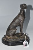 AFTER BARRIE, A BRONZE FIGURE OF A SEATED GREYHOUND, on a stepped marble base, signed in mould '