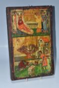 A 'BIRTH AND MARTYRDOM OF ST JOHN THE BAPTIST' ICON oil on wood panel with heavy gilding, in two