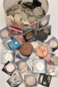 A ROUND CARDBOARD BOX OF MAINLY UK COMMEMORATIVES, to include a 1953 Bronze Commemorative