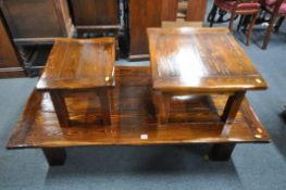 A HAND CRAFTED STAINED PINE COFFEE TABLE, length 139cm x depth 72cm x height 32cm, and two similar