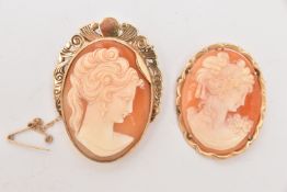 TWO CARVED SHELL CAMEO BROOCHES/PENDANTS, the first depicting a lady in profile, four claw set