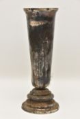 A GEORGE VI SILVER VASE, heavily tarnished, tapering form vase on a stepped round base,