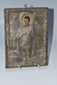 A GREEK ORTHODOX 'ST PHANOURIOS' OKLAD MOUNTED ICON depicting the youthful martyr St Phanourios 'the