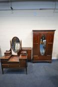 AN EDWARDIAN MAHOGANY FOUR PIECE BEDROOM SUITE, comprising a wardrobe with a single bevelled