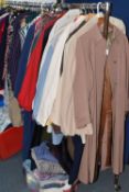 THREE BOXES, A CASE AND LOOSE OF MOSTLY LADIES CLOTHES, to include coats, jumpers, trousers, skirts,