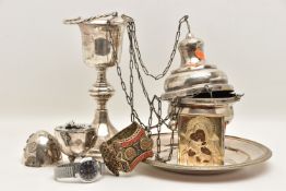 A SELECTION OF CONTINETAL SILVER PLATE/WHITE METAL WARE, to include a round dish stamped '