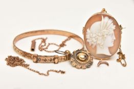 A SMALL ASSORTMENT OF JEWELLERY, to include a small yellow metal carved shell cameo brooch depicting