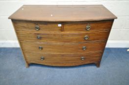 A GEORGIAN MAHOGANY BOW FRONT CHEST OF TWO SHORT OVER THREE LONG DRAWERS, raised on bracket feet,