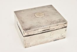A GEORGE V SILVER CIGARETTE BOX, of a square form with engine turned pattern and engraved cartouche,