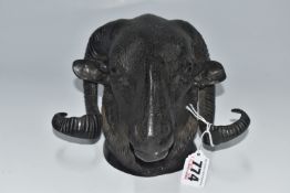 A BRONZE RAM'S HEAD, hollow with fixing for wall mounting, approximate measurements: base to top