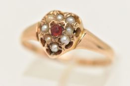 A 15CT GOLD SEED PEARL AND GARNET RING, in the form of a heart, to the polished band, hallmarked