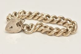 A SILVER CURB LINK BRACELET WITH HEART PADLOCK CLASP, solid curb links, each stamped with a sterling