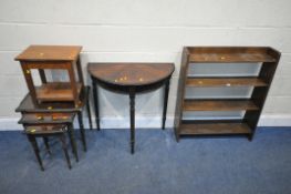 A 20TH CENTURY FOUR TIER OAK OPEN BOOKCASE, width 77cm x depth 22cm x height 92cm, a demi-lune