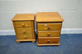 TWO MODERN PINE THREE DRAWER BEDSIDE CHESTS, largest width 47cm x depth 44cm x height 59cm,