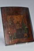 AN ORTHODOX ICON depicting two holy figures with a church in the centre, height 36cm x width 30cm (