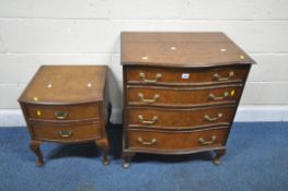 A WALNUT SERPENTINE CHEST OF FOUR DRAWERS, width 67cm x depth 48cm x height 77cm, and a similar