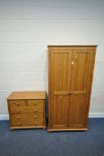 A MODERN PINE DOUBLE DOOR WARDROBE, width 88cm x depth 51cm x height 186cm, along with a chest of