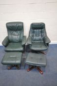 AN IKEA GREEN LEATHER STRESSLESS STYLE SWIVEL ARMCHAIR, width 79cm x depth 87cm x height 95cm,