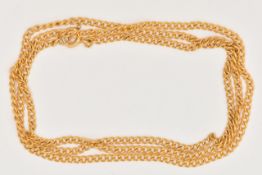 A YELLOW METAL FINE CURB LINK CHAIN, fitted with a spring clasp, stamped 9k, length 540mm,