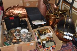 TWO BOXES AND LOOSE METALWARE AND MISCELLANEOUS, to include copper coal buckets and scuttle, brass