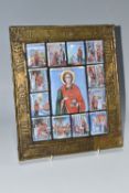 A 'VITA PANTELEIMON' PAINTED ENAMEL ICON on wood with a brass frame, depicting a central image of St