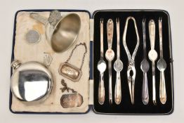 A SMALL BOX OF ASSORTED ITEMS, to include two silver decanter labels, one for 'Port' the other