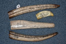 FOUR PIECES OF FOLK ART IN THE STYLE OF SCRIMSHAW, comprising two resin reproduction tusks one