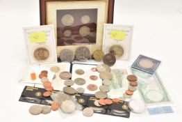 A CARDBOARD BOX CONTAINING COINS AND BANKNOTES, to include a silver coin glazed display of 1942